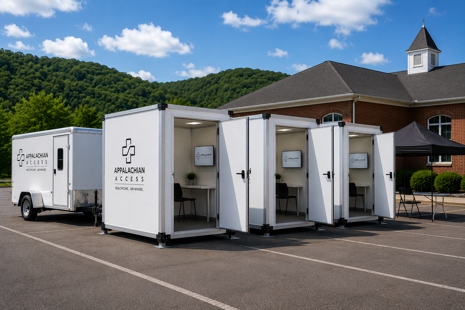 Three pop-up telehealth pods set up beside the Appalachian Access field clinic trailer