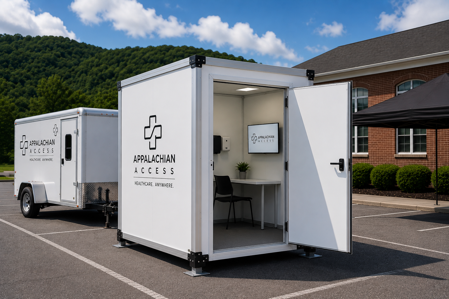 Inside a telehealth pod: a private room with a chair, desk and video screen